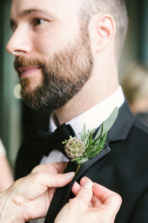 This boutonnière put the focus on a scabiosa pod. Masculine Flowers, Fall Groom, Grooms Attire, Scabiosa Pods, Boutonniere Wedding, Groomsmen Attire, Ring Bearer, Bow Ties, Boutonniere