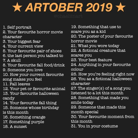 tag #artober2019 and tag me @chaeliinart on insta if you do it!!💜🧡 #30dayartchallenge #october #prompts #art #ideas Art Prompts October, Drawing Ideas List October, October Art Prompts 2023, Spooky Drawing Prompts, October Art Prompts, November Art Prompts, October Drawing Prompts, October Art Challenge 2024, October Art Challenge