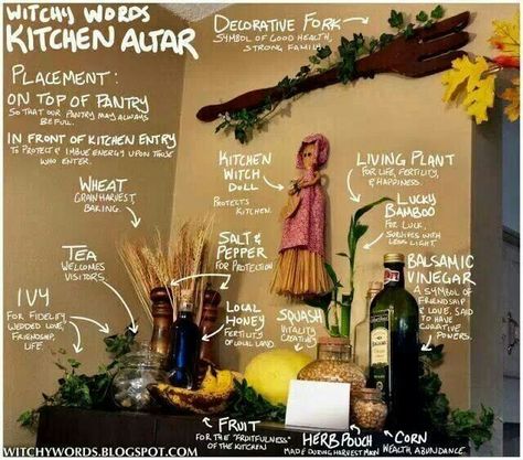 Kitchen altar Kitchen Altar, Witchy Words, Witchcraft Knowledge, Witchy Kitchen, Witchcraft Books, Luck Spells, Wiccan Magic, Kitchen Witchery, Witches Altar