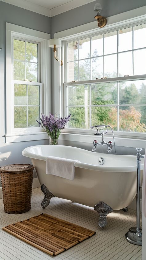 Step into tranquility with this stunning bathroom featuring a freestanding clawfoot tub, perfectly positioned under a large window for breathtaking views. The natural light floods the space during the day, creating an inviting atmosphere complemented by a wall-mounted sconce for cozy evenings. Styled with a wicker laundry basket and a bamboo bath mat, this serene retreat is finished with a vase of fresh lavender, adding a touch of personality. Discover how to create your own relaxing oasis! 💧🛁 #BathroomInspo #ClawfootTub #IKEAStyle #HomeDecor #RelaxationSpace #InteriorDesign #SereneLiving Clawfoot Tub Decor, Bathrooms With Windows, Bath Under Window, Claw Bathtub, Clawfoot Tub Bathroom, Bamboo Bath Mat, Windows Bathroom, Ikea Style, Bathroom Freestanding