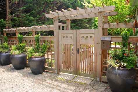 See creative spins on the classic wooden fence that fit any garden style with… Trellis Gate, Wooden Fences, Wooden Arbor, Yard Gate, Garden Gate Design, Wooden Gate, Deer Fence, Hgtv Garden, Front Yard Fence