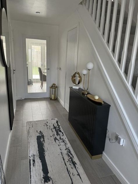 Small Grey Hallway Ideas, Tall Radiator Hallway, Hallway Radiator Cover Styling, Hallway Radiator Cover Decor, Radiator Cover Ideas Hallway, Hallway Radiator Cover, Hallway Radiator, Black Radiator Cover, Modern Radiator Cover