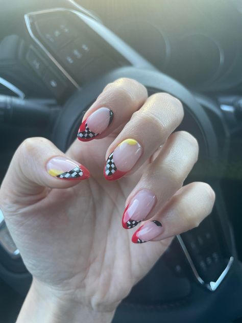 Ferrari Nails F1, Nails For Spain Trip, Formula One Nails, Formula 1 Nails, Ferrari Nails, F1 Nails, Racing Nails, Uñas Ideas, Checkered Nails