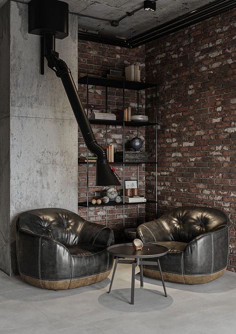 ProjectRed on Behance Dark Academia Room Decor, Dark Academia Room, Academia Room, Black Bedroom Design, Concrete Bricks, Design Moodboard, Industrial Interior Design, Modern Loft, Architecture Interior Design