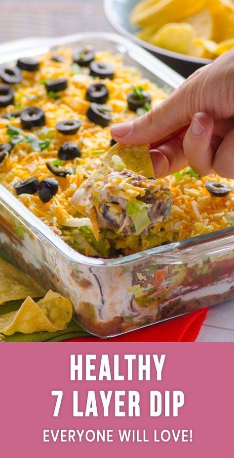 Mexican Taco Dip, Seven Layer Bean Dip, Layered Bean Dip Recipe, Healthy Potluck Recipes, Layer Bean Dip, Healthy Potluck, 7 Layer Dip Recipe, Bean Dip Recipe, Layered Dip Recipes