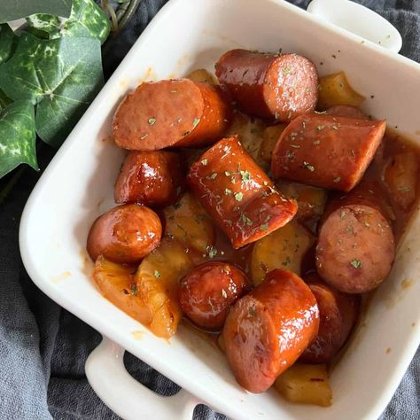 Slow Cooker Sausage and Pineapple - Recipe Diaries Kielbasa Recipes Crockpot Pineapple, Sausage And Pineapple, Slow Cooker Sausage, Recipe Diaries, Pineapple Recipe, Kielbasa Sausage, Pineapple Chunks, Thanksgiving 2024, Sausage Links