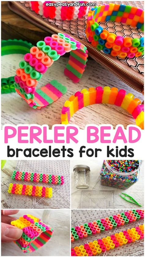 Perler Bead Bracelets - Easy Peasy and Fun Easy Perler Bead Patterns, Beading For Kids, Bracelets Easy, Hama Beads Design, Diy Perler Bead Crafts, Perler Crafts, Diy Perler Beads, Melting Beads, Iron Beads