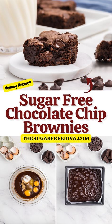 Sugar Free Chocolate Chip Brownies Recipe! No Sugar Brownies Healthy, Sugar Free Brownies Recipe, Low Sugar Brownies Recipe, Gluten Free Sugar Free Brownies, Sugar Free Healthy Desserts, Chocolate Chip Brownies Recipe, Stevia Desserts, Keto Baked Goods, Sugar Free Desserts Easy