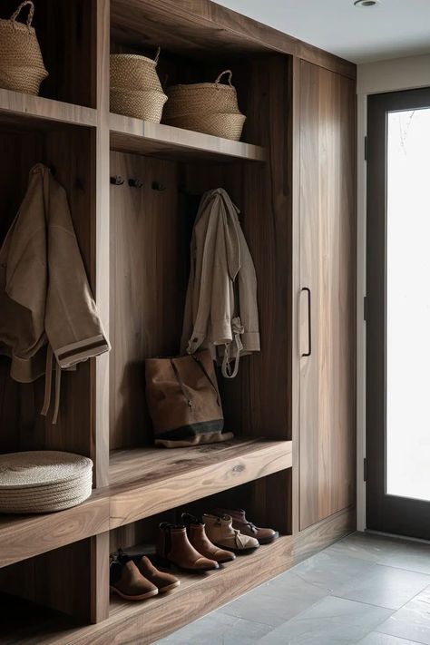 Modern Mudroom Entryway Interior Design, Wood Panel Mudroom, Mud Room Entry Modern, Walnut Mudroom Cabinets, Modern Lockers Mudroom, Mountain Modern Mudroom, Mudroom Armoire, Organic Modern Mudroom, Mud Room Inspiration