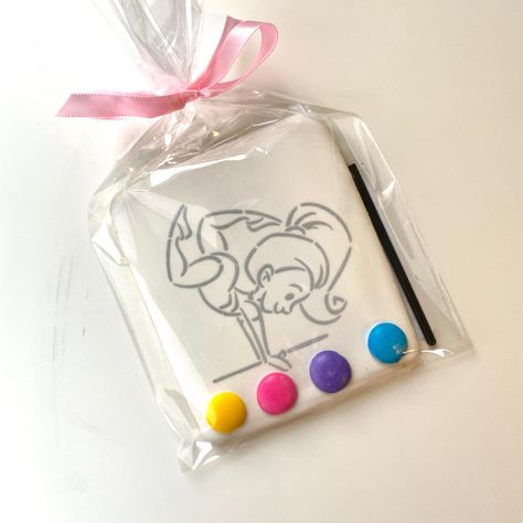 "These paint your own gymnast cookies can be used as an activity at your gymnastics themed birthday party or give them to your guests as party favors. Price is for one cookie.  Select number of cookies from the quantity drop down menu in shopping cart.  Then select the character you would like.  Add each character to shopping cart separately.    These 4\"x 4\" vanilla sugar cookies are baked fresh per order and iced with our signature vanilla royal icing. Paint brush and instructions are include Gymnastic Birthday Party Favors, Gymnastics Party Food Ideas, Gymnastic Party Favors, Gymnastics Party Food, Gymnastics Cookies Decorated, Gymnastic Birthday Party Ideas, Gymnastics Party Games, Gymnastic Cookies, Gymnastics Party Ideas