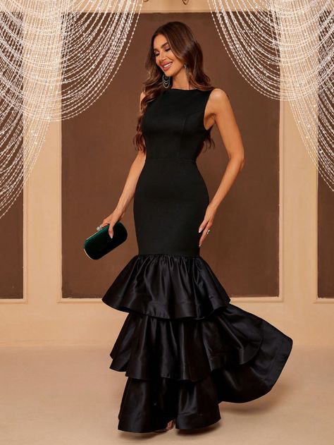 SHEIN Belle Ladies' Evening Dress With Tiered Hem And Patchwork Fabric Dinner DressI discovered amazing products on SHEIN.com, come check them out! Dinner Wear For Ladies, Gowns For Ladies, Dinner Gowns, Dinner Wear, Black Evening Dress, Clothing Model, Heavy Work, Womens Prom Dresses, Women's Evening Dresses