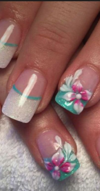 Teal Hibiscus Nails, Tropical Vacation Nails Beach, Honeymoon Nails, Aloha Nails, Nails With Flowers, Hawaii Nails, Tropical Vacation Nails, Sophisticated Nails, Cruise Nails