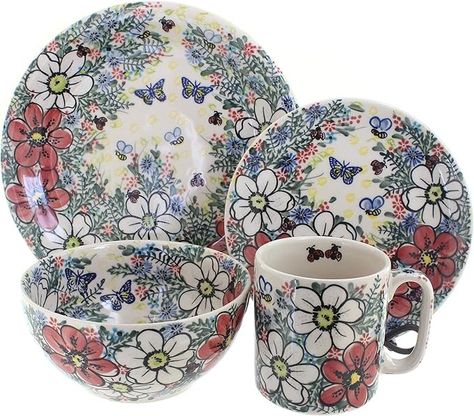 Amazon.com | Blue Rose Polish Pottery Isabella 16 Piece Dinnerware Set: Dinnerware Sets Mug Dinner, Rose Pottery, Polish Ceramics, Polish Stoneware, Cereal Bowl, Soup Bowls, Stamping Techniques, Dessert Plates, Polish Pottery