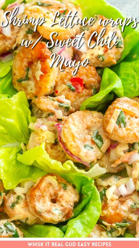 Shrimp Lettuce wraps w/ Sweet Chili Mayo Mayo Shrimp, Quick Shrimp Recipes, Shrimp Lettuce Wraps, Delicious Seafood Recipes, Shrimp Appetizers, Lettuce Wrap Recipes, Shrimp Recipes Easy, Coleslaw Mix, Red Onions