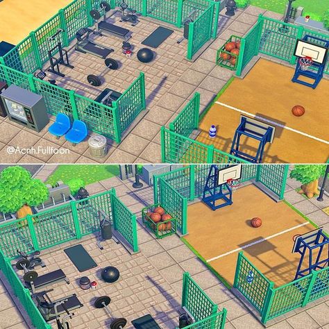 Animal Crossing Theme Park Ideas, Animal Crossing Skatepark, Animal Crossing Workout Area, Acnh Tennis Court, Acnh Outdoor Gym Ideas, Animal Crossing Basketball Court Code, Acnh Workout Area, Acnh Outdoor Gym, Animal Crossing Football Field