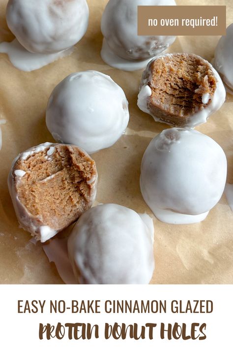 Easy No-Bake Cinnamon Glazed Protein Donut Holes Protein Doughnuts Recipes, Protein Donut Holes, Glazed Donut Holes, Healthy Protein Desserts, Fitness Snacks, Vegan Chocolate Cookies, Protein Dessert, Butter Sugar Cookies, Protein Donuts