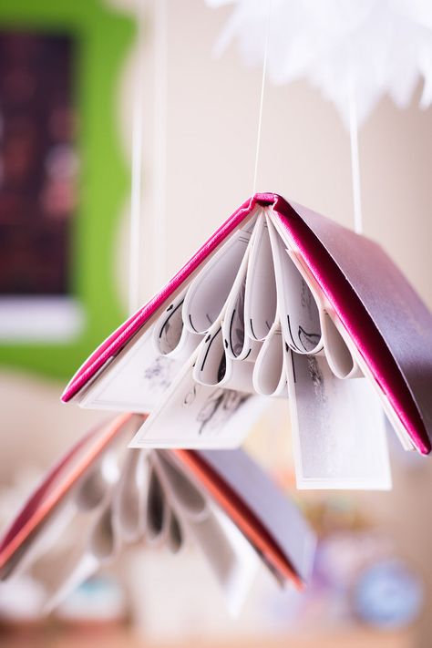 Book Week Decorations Decorating Ideas, Hanging Books From Ceiling, Flying Books Decoration, Library Party Theme, Book Week Decorations, Books Hanging From Ceiling, Book Chandelier, Hanging Books, Fake Books Decor