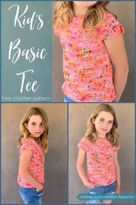 Kid's Basic Tee Crochet Pattern | Hooked on Homemade Happiness Crochet Rugs, Kids Crochet Pattern, Crochet Kids, Knit Projects, Crochet Toddler, Mode Crochet, Crochet Sweaters