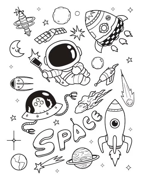 Alien Doodle, Astronaut And Alien, Astronaut Drawing, Space Doodles, Astronaut Illustration, Planet Drawing, Space Drawings, Black And White Stickers, Little Doodles