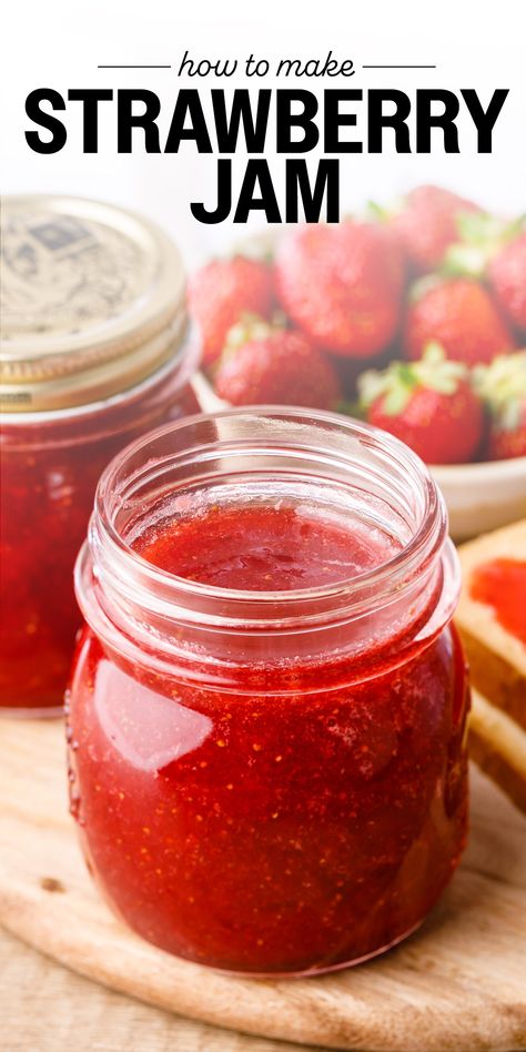 3-Ingredient Homemade Strawberry Jam - Nurtured Homes Home Made Jelly Recipes, Home Made Strawberry Jam, Refrigerator Strawberry Jam, Homemade Strawberry Jelly, Homemade Jam Recipes, Pectin Recipes, Fruit Jam Recipes, Homemade Raspberry Jam, Diy Lip Balm Recipes