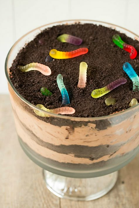 Dirt Dessert ~ Alternating layers of crushed Oreo cookies and a lightened chocolate pudding mixture that is made to look like "dirt", complete with gummy worms! Dirt Dessert Recipe, Dirt Dessert, Dessert Crepes, Dirt Cake Recipes, Dirt Pudding, Coconut Dessert, Tiramisu Dessert, Dirt Cake, Brownie Desserts