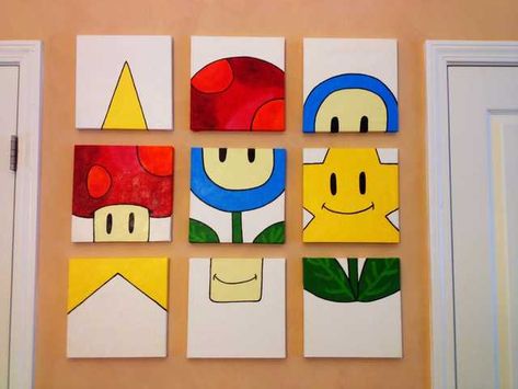 Mario Wall Art, Video Game Themed Bedroom, Mario Bedroom, Gaming Themed Bedroom, Diy Video Game, Video Game Wall, Mario Room, Couch Wall, Game Wall Art