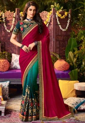 Page 2 | Pure Georgette Sarees Online: Perfect Indian Ethnic Pick For Every Occasion | Utsav Fashion Dark Pink Saree, Green Silk Fabric, Georgette Silk Saree, Dark Green Blouse, Pure Georgette Sarees, Rani Pink, Traditional Attires, Utsav Fashion, Indian Dress