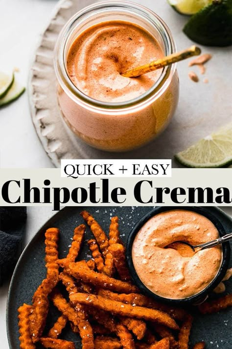 Top your favorite recipes with this Chipotle Crema. A Mexican-inspired, creamy sauce, gives a boost to tacos, salads, and more! Chipotle Crema Sauce, Cilantro Lime Crema Recipe, Sauce For Tacos, Creamy Chipotle Sauce, Chipotle In Adobo Sauce, Crema Recipe, Dipping Sauces For Chicken, Chipotle Crema, Chicken Wing Sauces