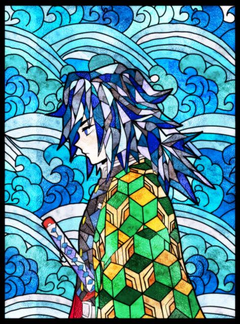 Demon Slayer Illustration Art, Anime Mosaic Art, Mosaic Art Drawing, Mosaic Drawing, Mosaic Painting, Tomioka Giyuu, Cubism Art, Glass Art Projects, Online Manga