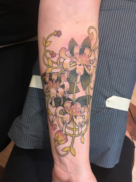 Noveau Art Tattoos, Art Nouveau Flower Tattoo, Honeysuckle Tattoo Design, Art Nouveau Iris Tattoo, Art Nouveau Butterfly Tattoo, Art Nouveau Tattoo Flower, Art Nouveau Floral Tattoo, Tomato Tattoo, Art Nouveau Honeysuckle