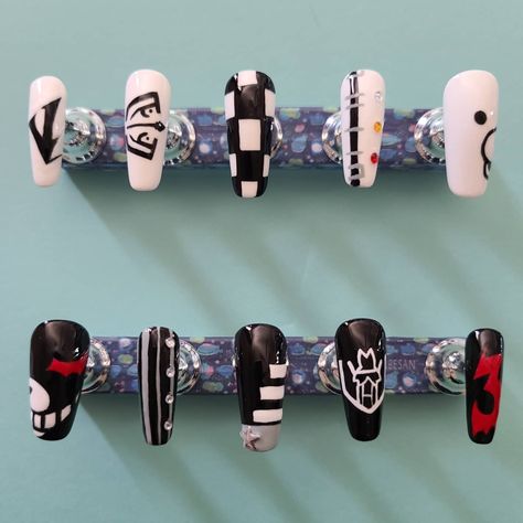 Danganronpa Inspired Nails, Danganronpa Nail Art, Danganronpa Nail Designs, Danganronpa Nails, Pop Nails, K Pop Nails, Danganronpa Monokuma, Shuichi Saihara, Kokichi Ouma