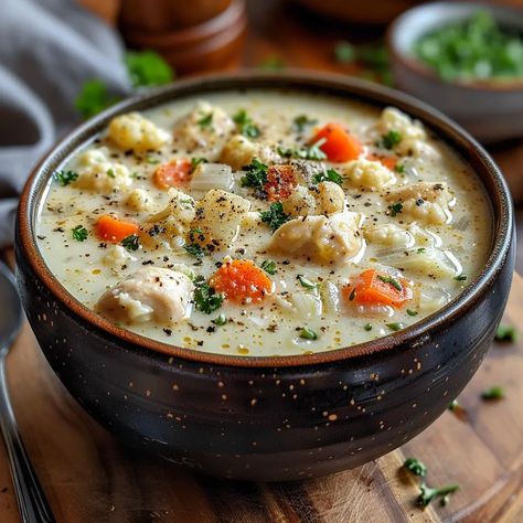 30-MINUTE ANTI-INFLAMMATORY CAULIFLOWER CHICKEN SOUP RECIPE Cauliflower Chicken Soup, Spinach Chicken Soup, Inflammatory Soup, Broccoli Stuffed Chicken Breast, Cauliflower Chicken, Anti Inflamatory, Seafood Bisque, Creamy Crab, Chicken Cauliflower