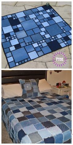 Denim Rag Quilt, Denim Quilt Patterns, Jean Patchwork, Recycled Blankets, Denim Blanket, Blue Jean Quilts, Denim Quilts, Tutorial Knitting, Patchwork Diy