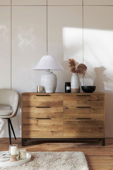 Natural Bronx Oak Effect 6 Drawer Wide Chest Chest Of Drawers Bedroom Ideas, Wooden Chest Of Drawers Bedroom, Wardrobe And Chest Of Drawers, Upcycling Furniture Ideas, Chest Of Drawers Decor, Rustic Chest Of Drawers, New Room Design, Rustic Oak Furniture, Chest Of Drawers Bedroom