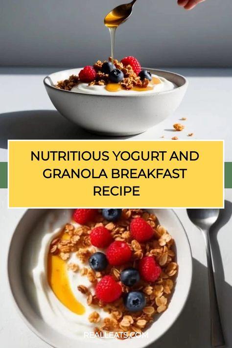 Nutritious yogurt and granola breakfast topped with fresh berries and a drizzle of honey. Granola Recipe With Yogurt, Greek Yogurt Breakfast Recipes, Yogurt Breakfast Recipes, Yogurt And Granola Breakfast, Greek Yogurt Recipes Breakfast, Greek Yogurt Breakfast, Greek Yogurt Toppings, Marinated Vegetables, Yogurt Breakfast