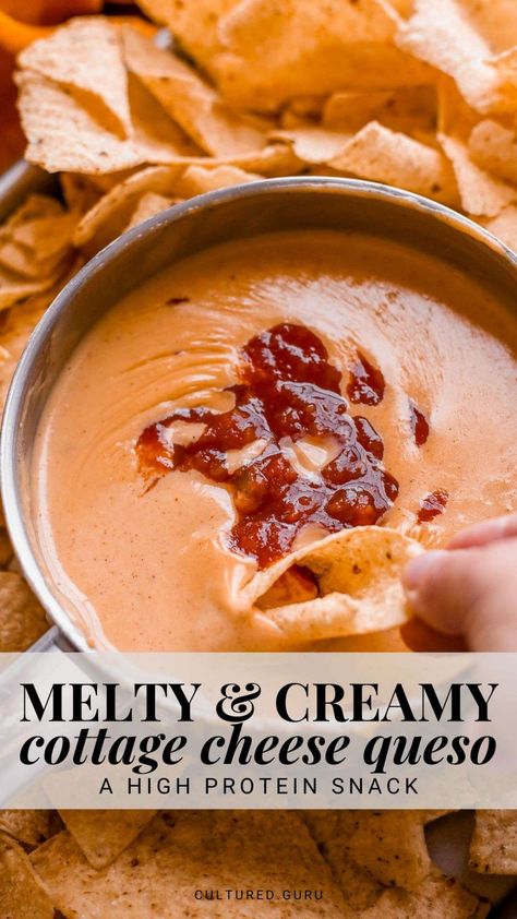 You're going to love this healthier, melty, and creamy cottage cheese queso dip recipe! It's high in protein, low in fat, and packed with flavor—perfect for dipping or topping your favorite dishes. #queso #cottagecheese #cheese #healthysnack Savory Whipped Cottage Cheese, Cottage Cheese Dip Recipes Healthy, Cottage Cheese Sauce Recipes, Cottage Cheese Queso Dip, Light Summer Recipes, Cheese Queso Dip, Cottage Cheese Dip Recipes, Cottage Cheese Queso, Cottage Cheese Dip