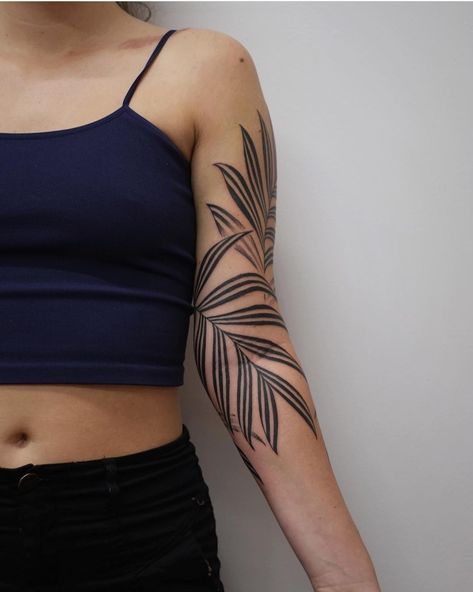 Leave Sleeve Tattoo, Plant Band Tattoo, Leafy Sleeve Tattoo, Tropical Vine Tattoo, Arm Fold Tattoo, Leaves Tattoo Sleeve, Tropical Sleeve Tattoo For Women, Palm Branch Tattoo, Palm Leaves Tattoo