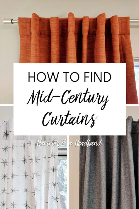 Stores are still catching up when it comes to supplying great mid-century modern products, especially when it comes to window treatments. If you’re struggling to find modern drapes, curtains and rods for your 1950s or 1960s house, start with this guide. Here’s how to find mid-century style curtains and hardware for your modern home. #homedecor #windowtreatments #moderncurtainideas Mid Century Modern Drapery Ideas, Window Treatments Mid Century Modern, Curtain Styling Living Room, Mid Century Modern Kitchen Window Treatments, 70s Window Treatments, Mcm Curtains Window Treatments, Mid Century Curtain Rod, Mid Century Window Coverings, Mid Century Modern Window Coverings