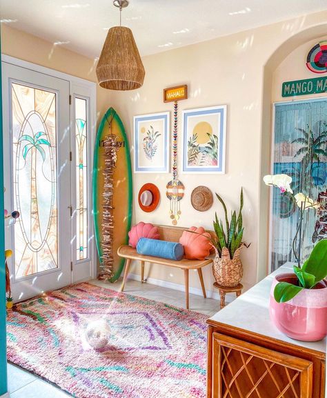 Disco ball sparkle ✅ Stained Glass 🌴 Door ✅ Vintage Pastel Rug ✅ Seashell pillows ✅ . . The only thing my tropical entry way needed was… English Bungalow, Beachy Room Decor, Beach Room Decor, Nice Room, Instagram Follower, Home Backyard, Beachy Room, Grow Instagram, Garden Home Decor