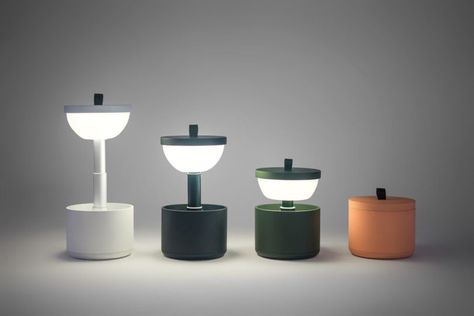 Bento is a portable, interactive lamp where you simply pull the loop on the top to turn it on and push it down into its bento-box like form to turn it off. Battery Lamps, Book Swap, Cordless Table Lamp, Battery Lamp, Social Design, Cad Cam, Large Lamps, Retro Lamp, Decorative Table Lamps