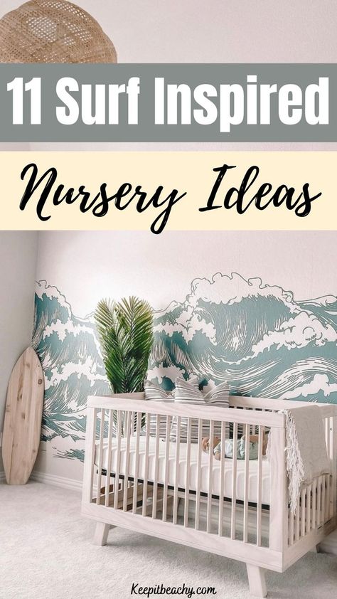 surf nursery ideas Tropical Baby Nursery, Themed Nursery Ideas, Beach Baby Rooms, Palm Tree Quilt, Ocean Baby Rooms, Surfer Nursery, Beach Theme Nursery, Surf Nursery, Beach Babies