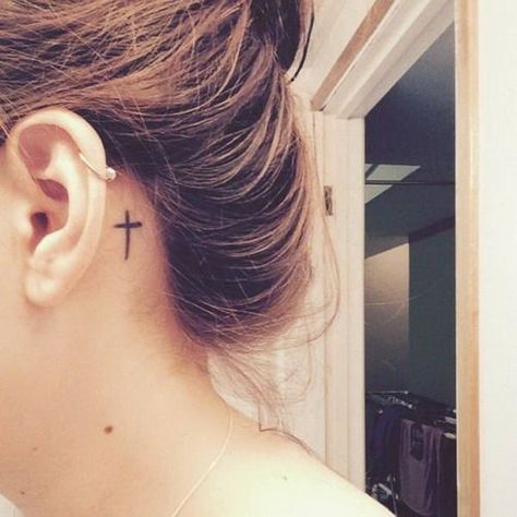 Christian Cross Tattoo Design Behind The Ear Christian Cross Tattoos, Cross Tattoo Meaning, Lotusblume Tattoo, Behind Ear Tattoos, Cross Tattoos For Women, Ear Tattoos, Cross Tattoo Designs, Flower Tattoo Arm, Full Sleeve Tattoos