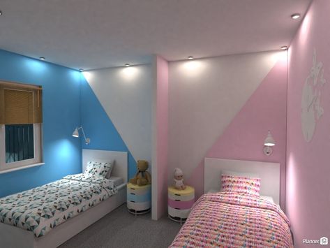 A pink and blue palette for kids room   #planner5D #houseplan #houseproject #homedesign #interiordesign #kidsroom #colorpalette #siblingsroom #siblings #walldecor Blue And Pink Shared Bedroom, Blue Rooms For Boys, Two Tone Kids Room, Kids Room Design Boy And Girl, Half Boy Half Girl Room, Pink And Blue Kids Bedroom, Pink And Blue Kids Room, Blue And Pink Room Ideas, Blue And Pink Bedroom For Kids