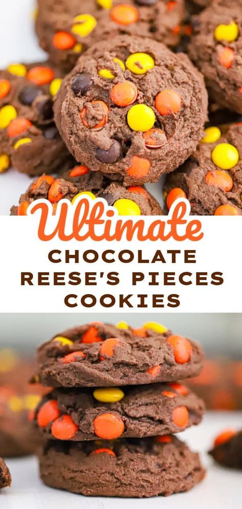 Dive into these Decadent Chocolate Reese’s Pieces Cookies! Soft and chewy with a fudgy texture, they are loaded with chocolate and peanut butter flavors, making them irresistible. This easy recipe is perfect for the holidays and is sure to be a hit at any gathering. You'll find this chocolate peanut butter dessert among your favorite holiday treats. Reece Pieces Cookies, Reese Pieces Cookies, Reeses Aesthetic, Fudge Stripe Cookies Recipe, Reese Cookies, Reese Dessert, Peanut Butter Chip Recipes, Reese's Cookies, Reese Pieces