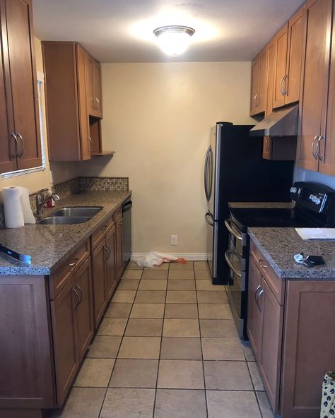 White Kitchen Makeover, Small Galley Kitchen, Kitchen Cost, Brown Tile, Black White Kitchen, Galley Kitchens, Condo Kitchen, Small Remodel, Apartment Projects