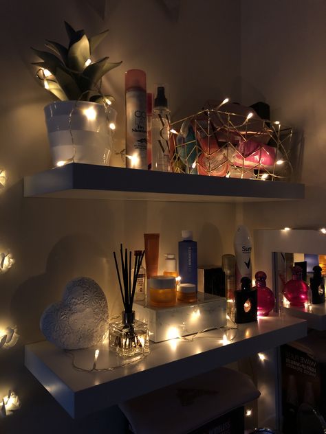 Fairy Lights On Wall, Shelves Bedroom, Decorative Shelves, Perfume Storage, Fairy Lights Bedroom, Decorating Shelves, Floating Shelf, Bedroom Storage, Bedroom Makeover