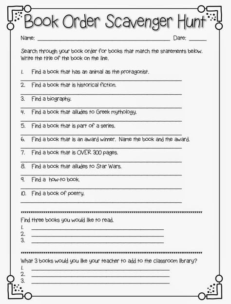 Looking for book order activities for your classroom?  Scavenger Hunts are a great idea to increase student engagement! Library Scavenger Hunt, Book Scavenger, Book Scavenger Hunt, School Library Lessons, Library Orientation, Scavenger Hunt Ideas, Library Lesson Plans, Library Games, Parts Of A Book