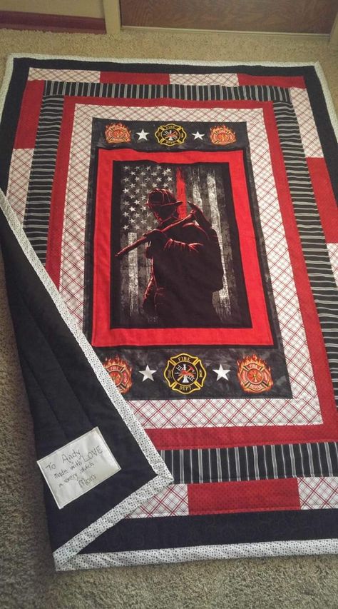 Fireman Quilt Panel Ideas, Fireman Quilt Pattern, Fireman Quilt Ideas, Firefighter Quilts, Marine Quilt, Firefighter Quilt, Fireman Quilt, Firefighter Blanket, Maltese Cross Firefighter