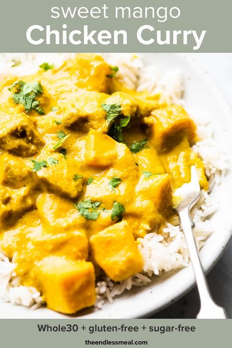 PIN TO SAVE FOR LATER! Mango chicken curry is an incredibly delicious Indian curry recipe. The fresh or frozen mangoes give the curry the perfect sweetness without adding any sugar. This easy 30-minute dinner recipe is sure to become a family favorite! #theendlessmeal #mangochickencurry #curry #chicken #mango #chickencurry #mangocurry #mangorecipes #chickenrecipes #curryrecipes #sugarfree #sugarfreerecipes #indian #indiancurry #easydinner #healthydinner #coconutcurry Indian Mango Chicken, Mango Chicken Recipes, Mango Chicken Curry, Banana Curry, Coconut Lentil Curry, Indian Mango, Mango Curry, Mango Chicken, Curry Recipes Indian