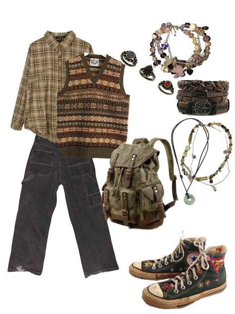 Male Outfit Ideas Grunge, Park Ranger Aesthetic Outfit, Goblincore Outfits Men, Goblin Core Outfit Male, Forest Core Outfits Men, Forest Punk Aesthetic Outfits, Male Outfits Ideas, Goblincore Outfits Male, Apocalypse Outfit Male